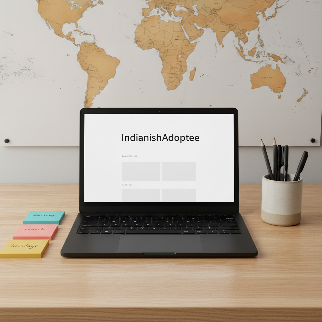 A minimalist workspace featuring a sleek, matte black laptop on a light oak desk, its screen displaying a clean blog layout titled “IndianishAdoptee.” Around the laptop are neatly stacked color-coded sticky notes, each labeled with topics like “identity,” “search,” and “heritage.” A small ceramic cup holds finely sharpened pencils and pens. The background shows a subtle world map pinned to the wall, with India prominently highlighted in warm tones. Soft studio lighting evenly illuminates the scene, creating delicate reflections on the laptop surface. Photographic realism, composed using the rule of thirds with a slightly elevated angle, conveying a professional, organized, and introspective mood appropriate for a thoughtful adoption identity blog.