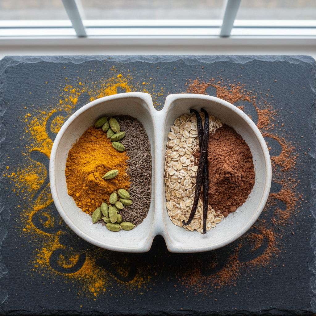 A close-up of a delicate ceramic bowl divided into two distinct halves: one filled with fragrant Indian spices—turmeric, cardamom pods, and cumin seeds—and the other holding classic Western comfort food ingredients like oats, cocoa powder, and vanilla beans. The bowl sits centered on a dark slate surface dusted with spice powder, creating organic patterns. Overhead, diffused overcast light from a high window softly illuminates the rich textures and colors, emphasizing contrast without harsh shadows. Photographic realism with a top-down, flat-lay composition and sharp focus throughout. The mood is reflective and balanced, visually symbolizing a blended cultural identity in a clean, modern, professional aesthetic suitable for nuanced adoption discussions.