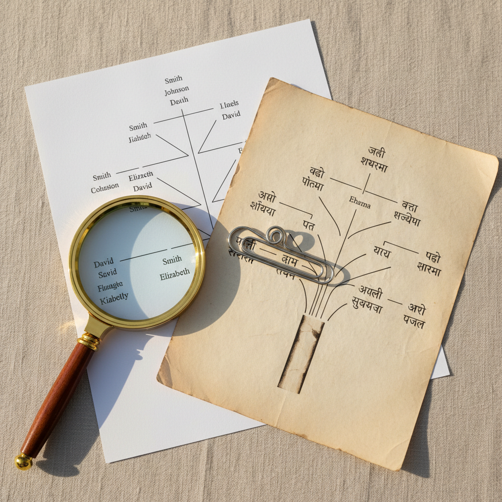 Two intersecting paper family trees, one printed on crisp white paper with neatly typed English names, the other on aged, slightly yellowed parchment featuring names in an Indian script. The sheets overlap at the center, connected by a single, elegant metal paperclip. They are placed on a neutral linen surface with a subtle woven texture. A magnifying glass rests nearby, its lens enlarging a portion of the names and lines. Soft morning sunlight filters in from the right, creating gentle highlights on the glass and faint shadows along the branches of the trees. Photographic realism, shot from a slightly elevated angle with a moderate depth of field, evoking a professional, investigative, and quietly emotional atmosphere about searching for origins.