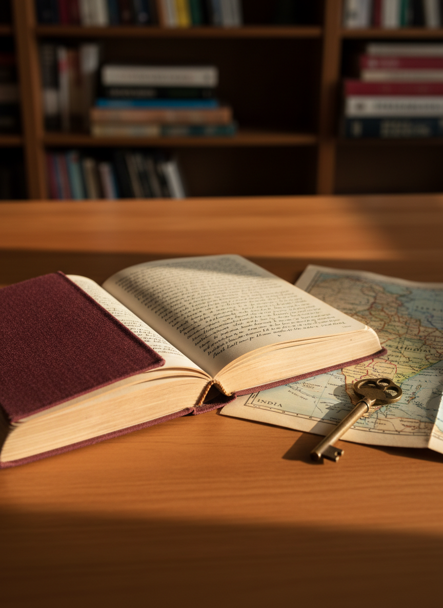 A worn, hardbound journal with a deep maroon fabric cover rests open on a smooth wooden desk, its cream pages filled with neat, handwritten reflections about adoption and identity. Beside it lies a vintage brass key and a folded map of India, edges softly frayed. In the background, a blurred bookshelf holds neatly arranged books on culture, heritage, and family. Warm late-afternoon natural light pours in from an unseen window to the left, casting gentle, elongated shadows across the desk. Photographic realism, shot at eye level with a shallow depth of field so the journal is in crisp focus and the surroundings soften into a calm, contemplative bokeh, creating a professional yet intimate atmosphere.